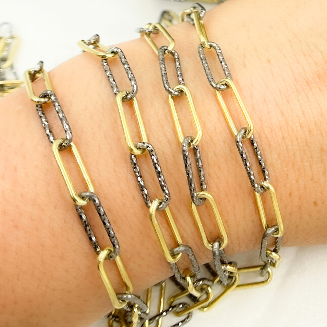 Gold Plated & Black Rhodium 925 Sterling Silver Smooth & Diamond Cut Paperclip Chain