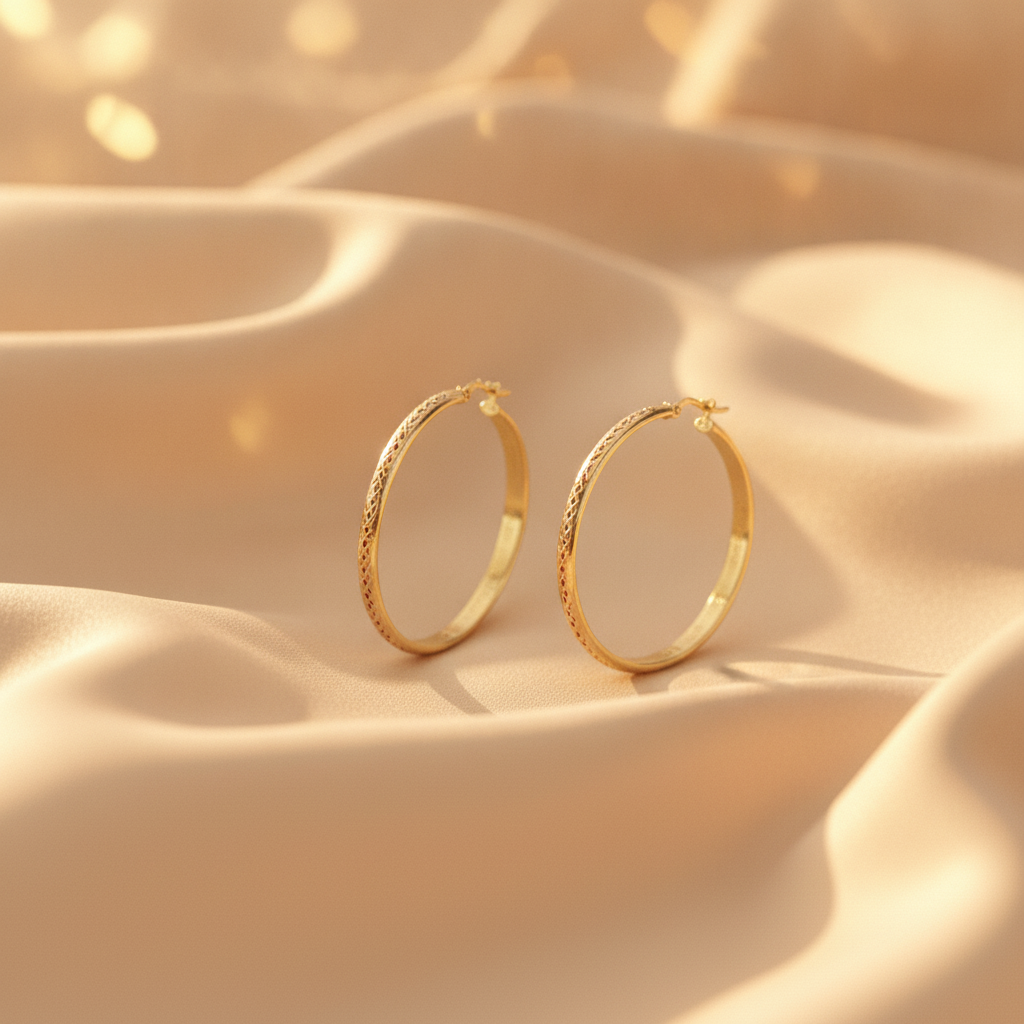 GER153. 14K Solid Gold Hollow Diamond Cut Hoop
