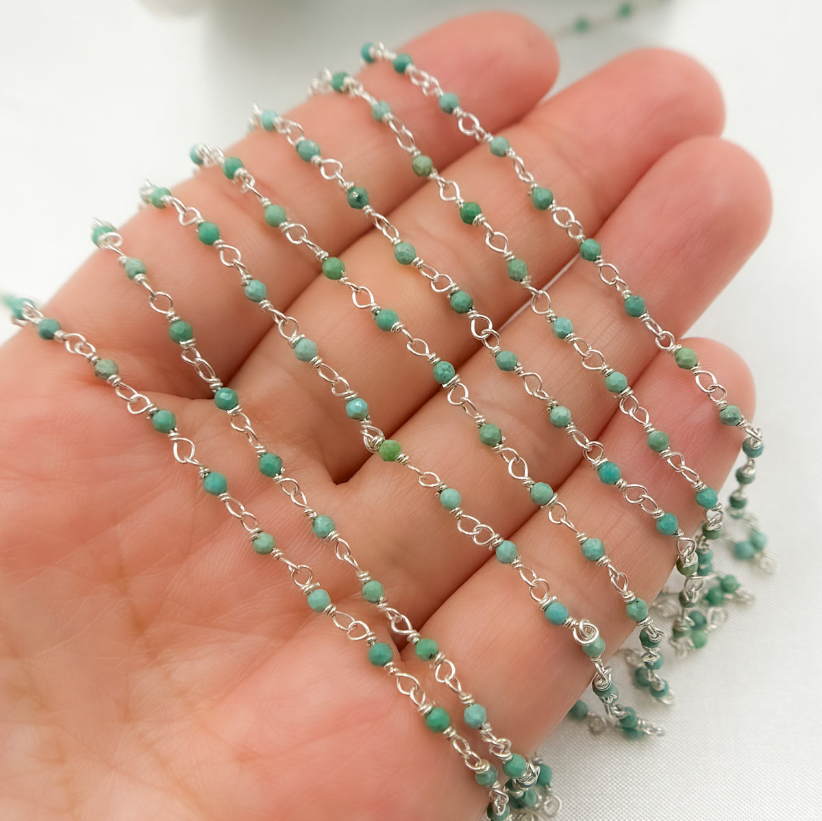 Green Turquoise Rondel Shape Sterling Silver Wire Chain