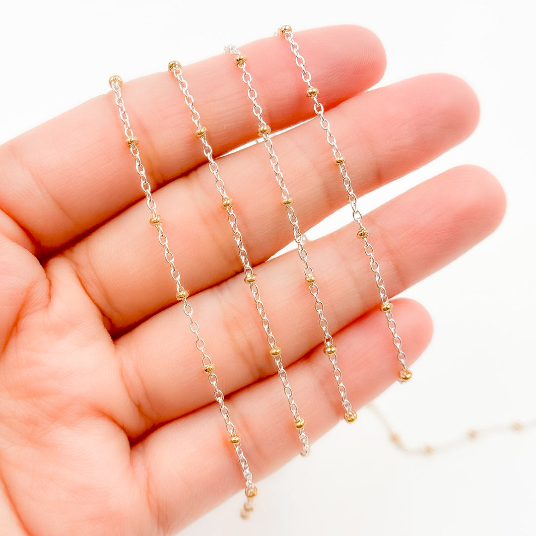 XM/S1322E/11G/SP. Sterling Silver Cable Chain with 14K Gold Filled Beads – Mixed Metal Design