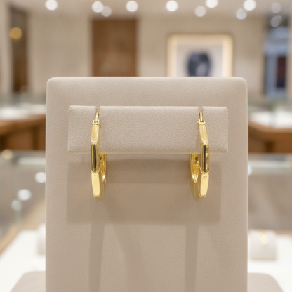GER135. 14K Gold Hexagon Hollow Hoop Earrings