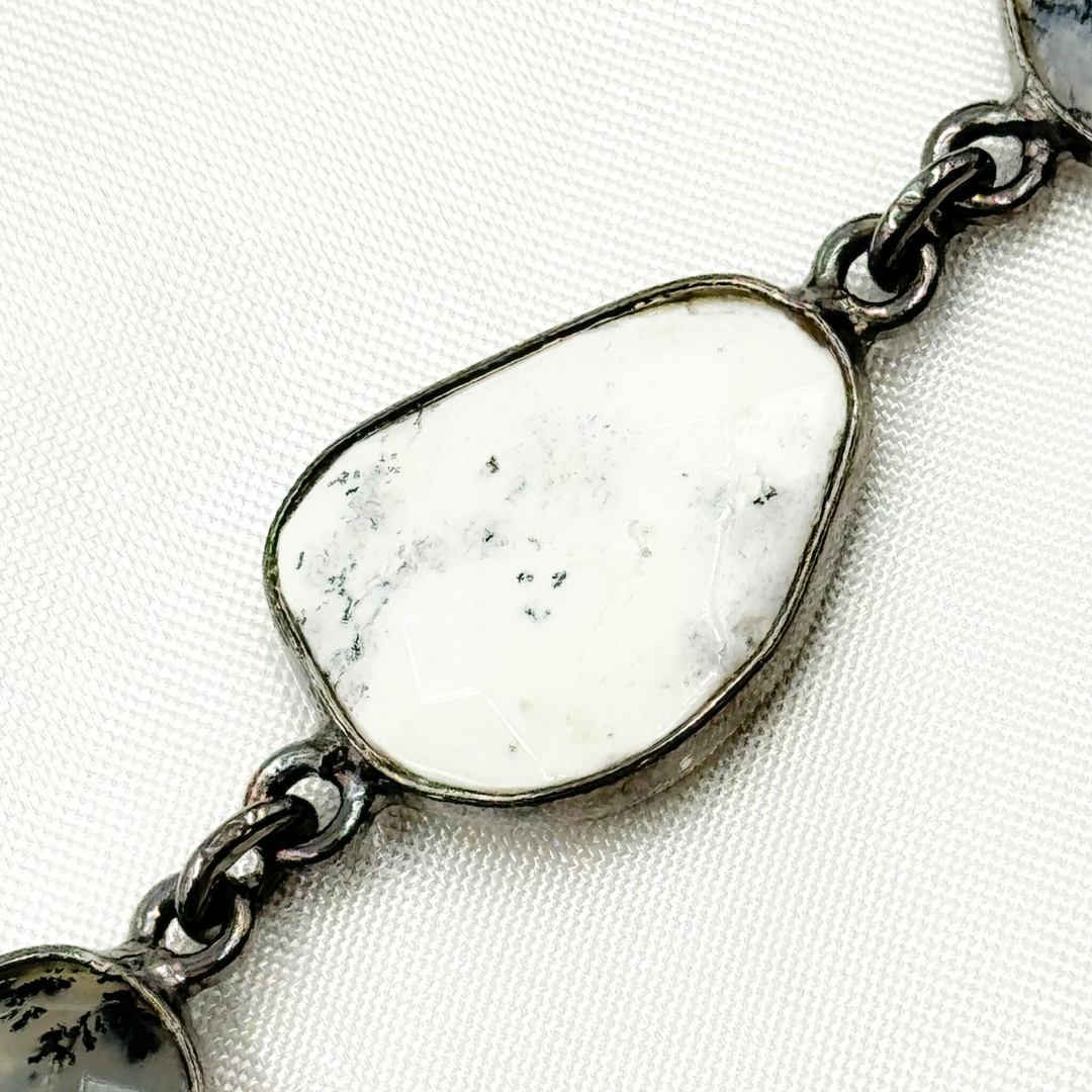 Dendrite Opal Organic Shape Bezel Oxidized Silver Wire Chain.