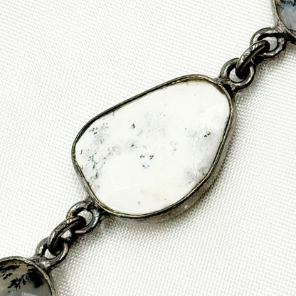 Dendrite Opal Organic Shape Bezel Oxidized Silver Wire Chain.