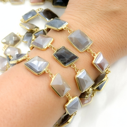 Coated Multi Moonstone Organic Shape Bezel Gold Plated Wire Chain.