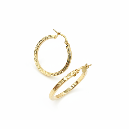 GER161. 14K Solid Gold Hollow Flat Diamond Cut Hoop