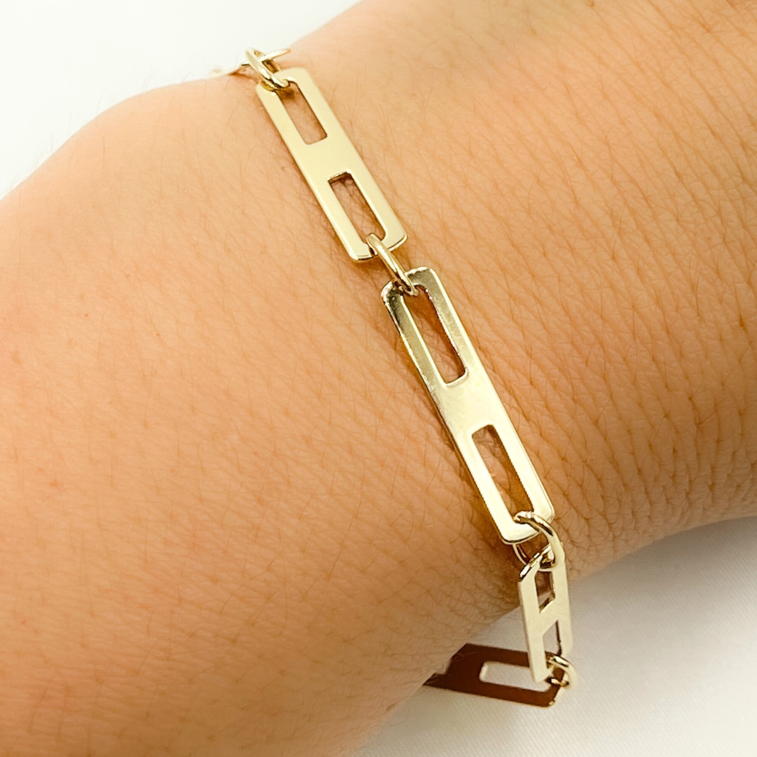 14k Solid Yellow Gold Mirror Flat Rectangle Link Bracelet