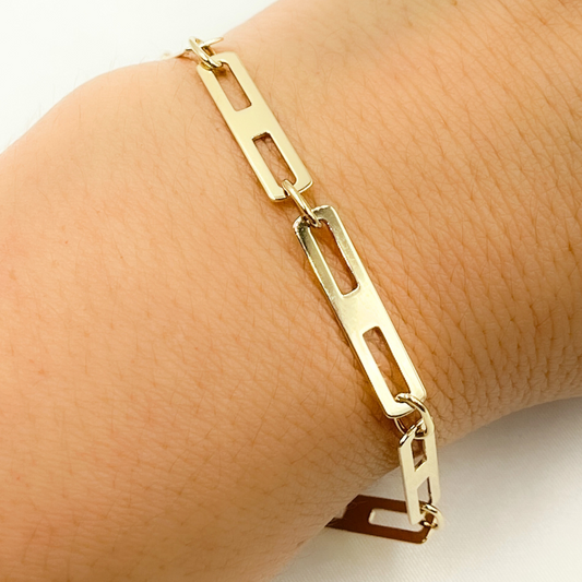 14k Solid Yellow Gold Mirror Flat Rectangle Link Bracelet