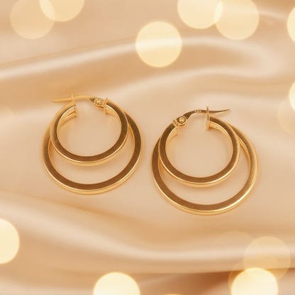 15850003992. 14K Solid Gold Fancy Hollow Double Hoop Earrings