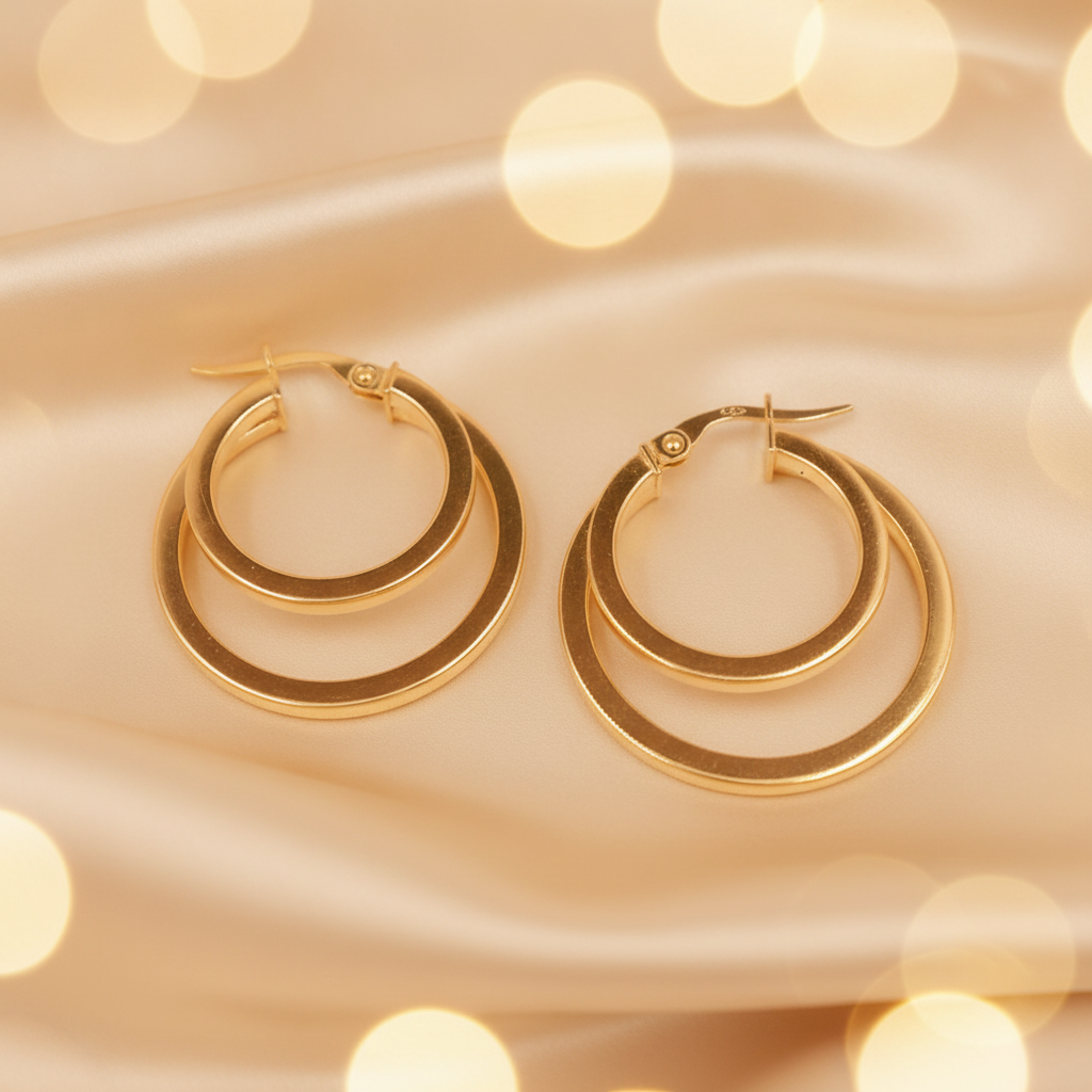 15850003992. 14K Solid Gold Fancy Hollow Double Hoop Earrings