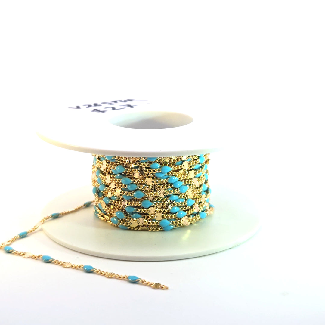 V269TURGF. Gold Filled Turquoise Color Enamel Marina Link Chain