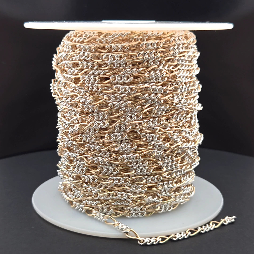XM/3831C. 14K Gold Filled & Sterling Silver Figaro Link Chain – Long Gold, Short Silver Pattern