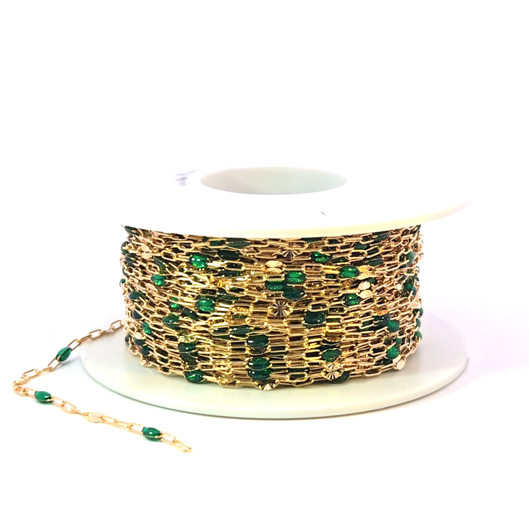 V295GRGF. 14K Gold Filled Green Color Enamel with Paperclip and Diamond Cut Marina Links