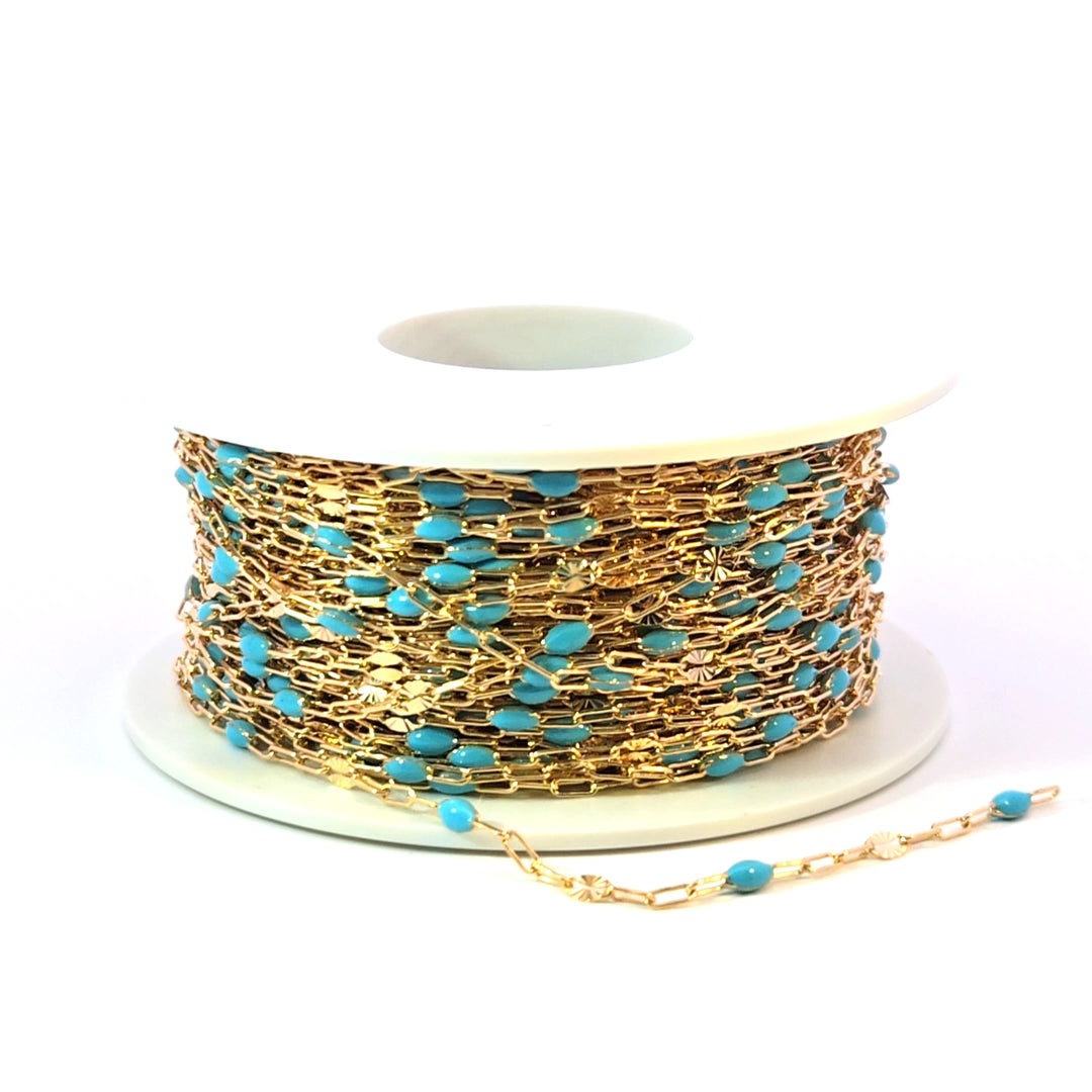 V295TURGF. 14K Gold Filled Turquoise Color Enamel with Paperclip and Diamond Cut Marina Links