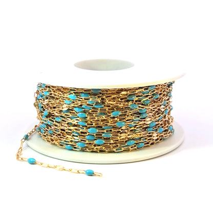 V295TURGF. 14K Gold Filled Turquoise Color Enamel with Paperclip and Diamond Cut Marina Links