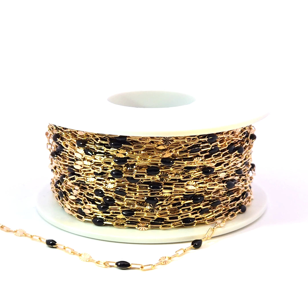V295BKGF. 14K Gold Filled Black Color Enamel with Paperclip and Diamond Cut Marina Links
