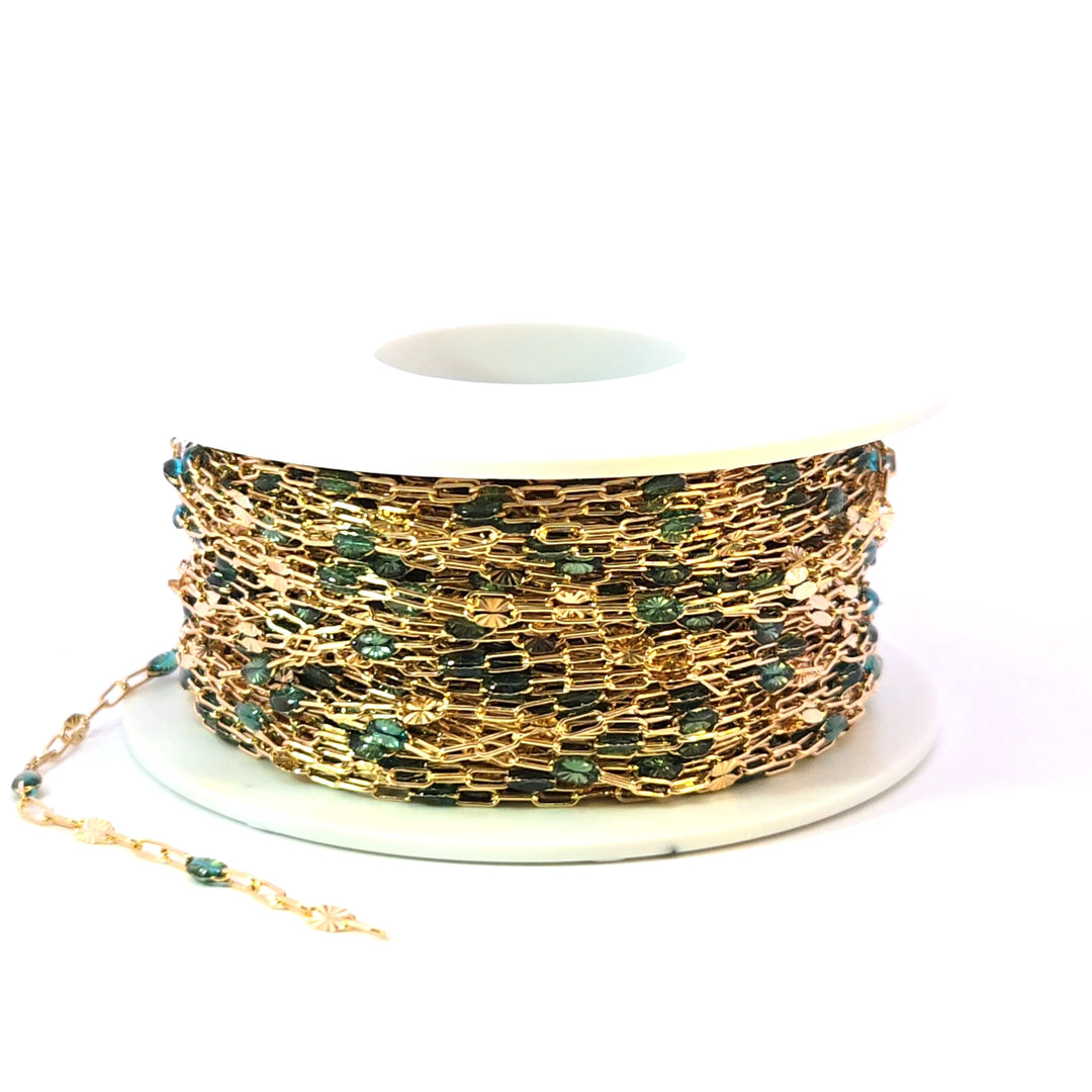 V295OGGF. 14K Gold Filled Olive Green Color Enamel with Paperclip and Diamond Cut Marina Links