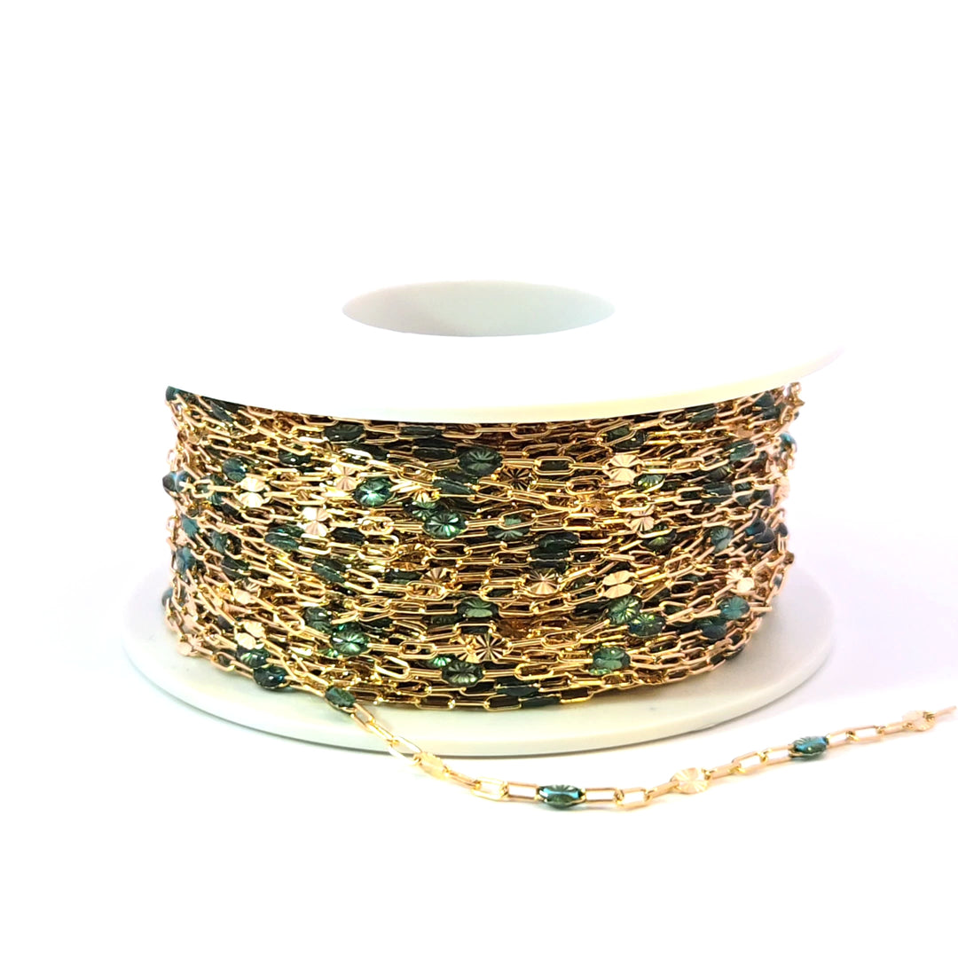 V295OGGF. 14K Gold Filled Olive Green Color Enamel with Paperclip and Diamond Cut Marina Links