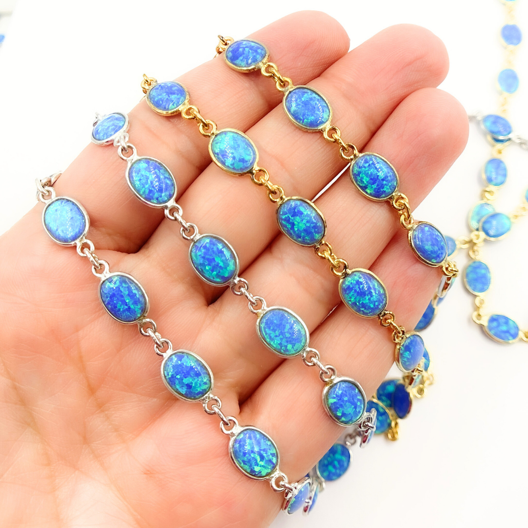 Created Blue Opal Oval Shape Connected Chain