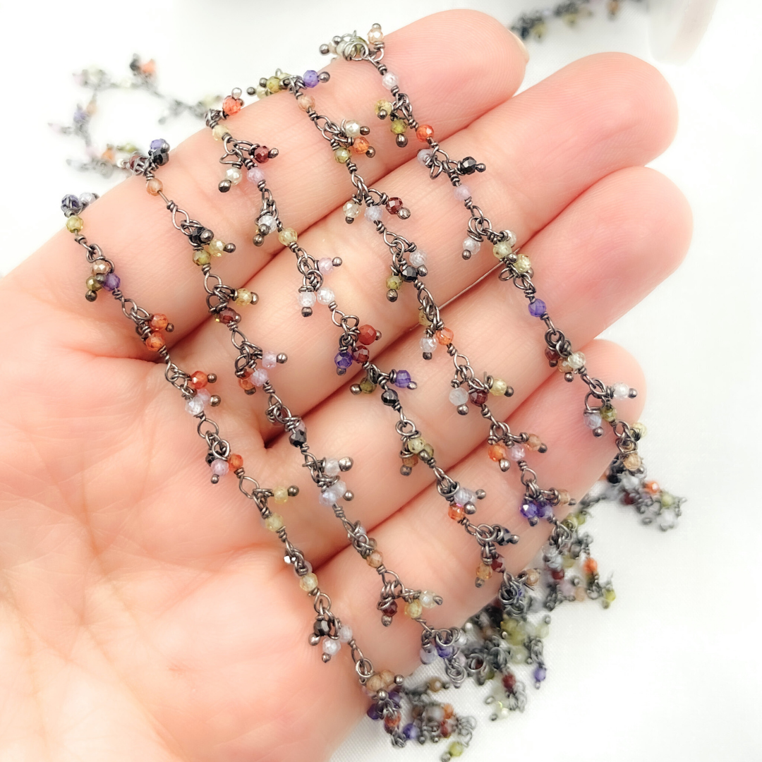 Multi Color CZ Cluster Dangle Oxidized Wire Chain.