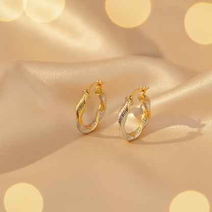 GER32. 14K Solid Gold Twist Round Classic Hollow Hoop Earrings