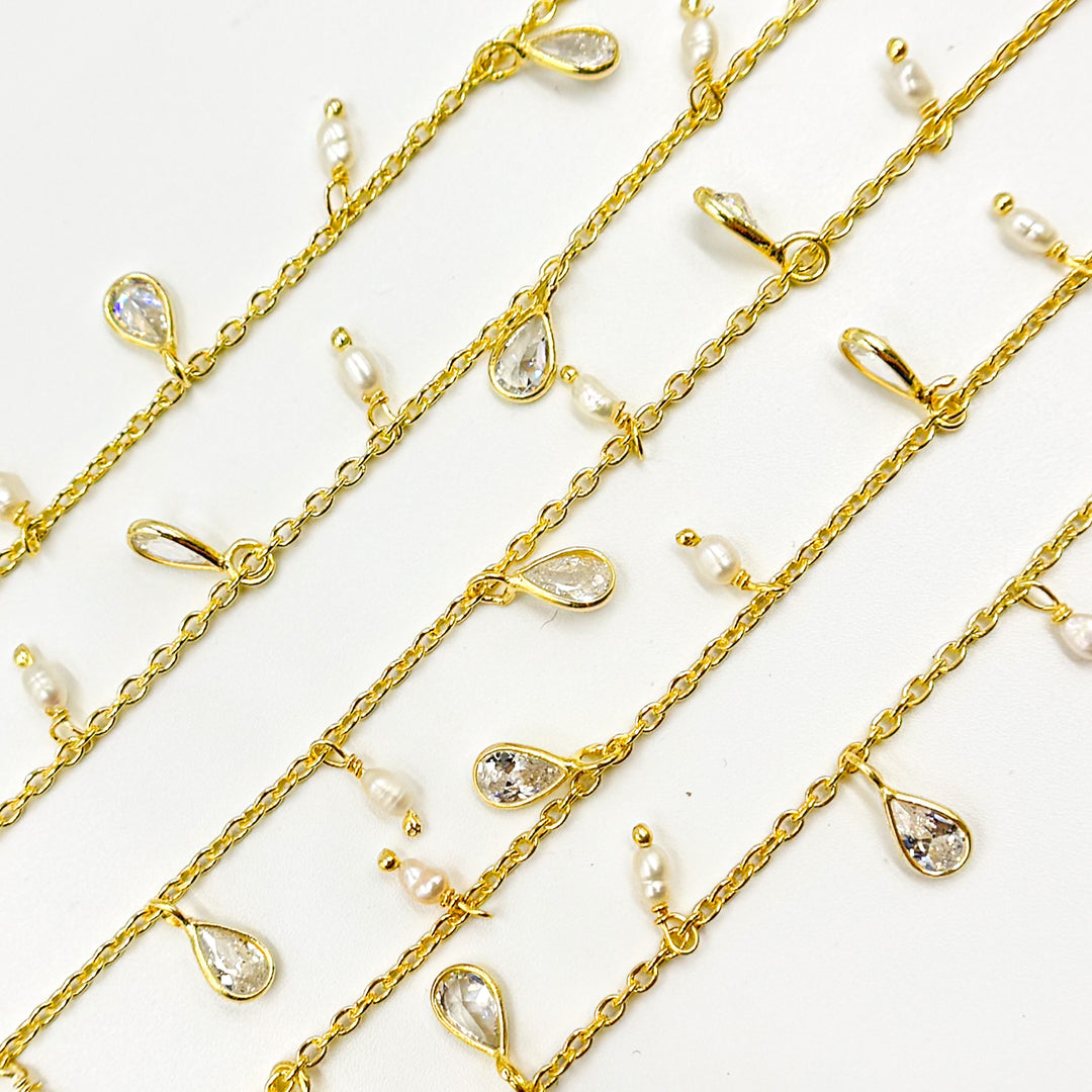 Sterling Silver Gold Plated Pearl & CZ Dangle Wire Chain