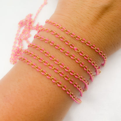 Sterling Silver Gold Plated Pink Enamel Cable Link Chain