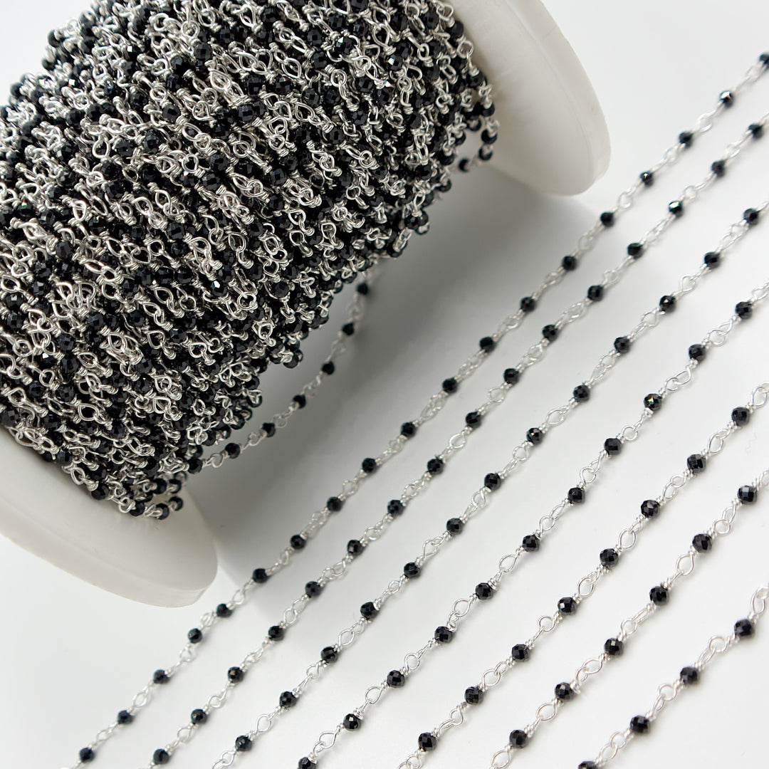 BSP24SS. Black Spinel 925 Sterling Silver Wire Wrap Chain