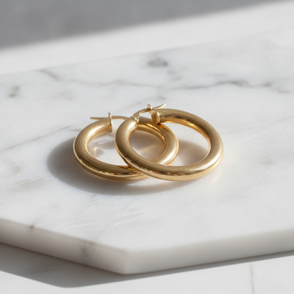 15850000043. 14K Solid Gold Hollow Smooth Hoop Earrings