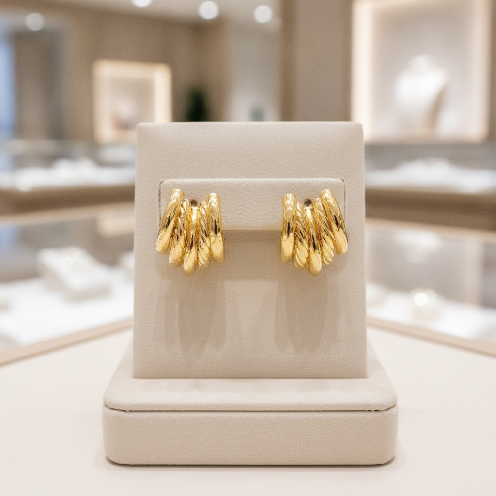 15850018845. 14K Solid Gold Smooth and Textured Ribbed Hollow Stud Earrings