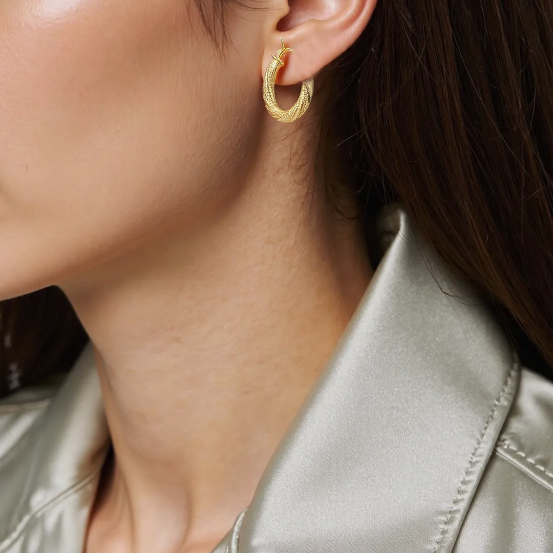 15850024626. 14K Solid Gold Textured Hollow Hoop Earrings