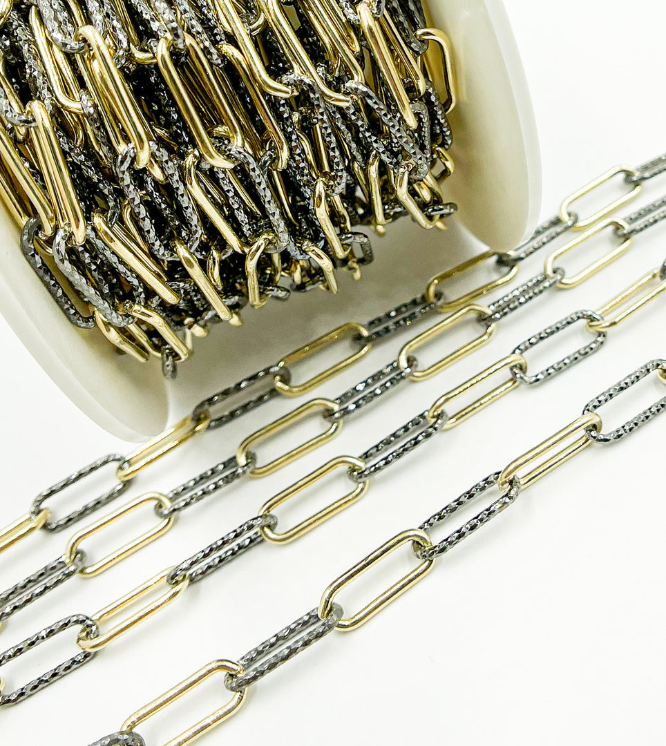 V41GB. Gold Plated & Black Rhodium Sterling Silver Smooth & Diamond Cut Paperclip Chain