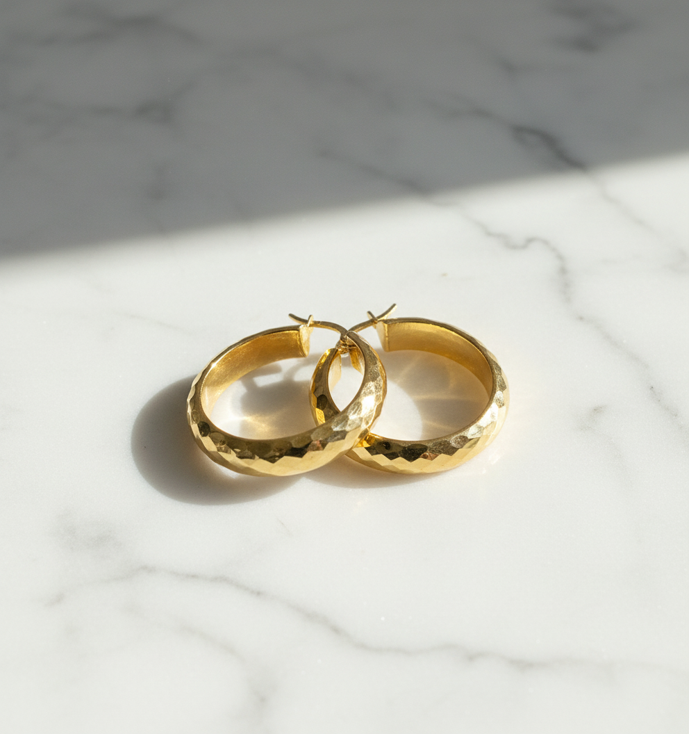 GER5. 14K Solid Gold Hollow Hoop Earrings