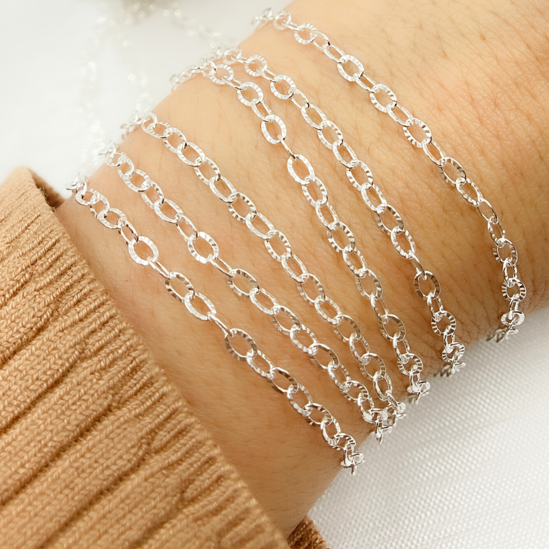 V188SS. Sterling Silver Flat Hammered Oval Link Chain