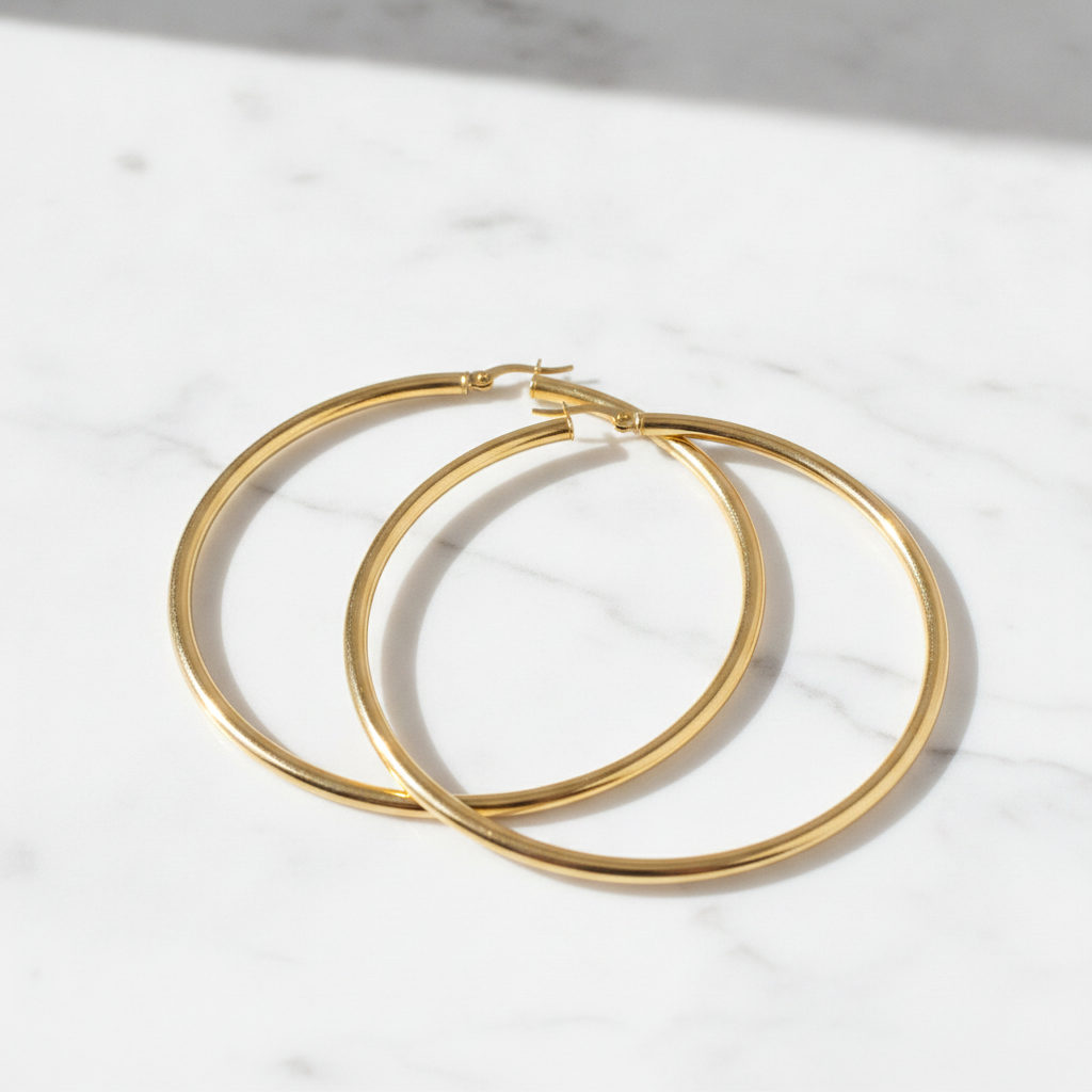 GER167. 14K Solid Gold Hollow Smooth Hoop