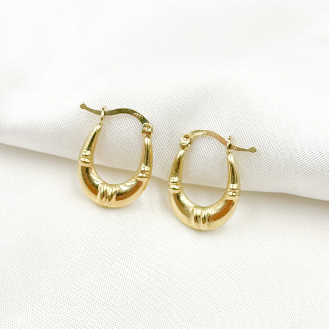 GER179. 14K Solid Gold Textured Hollow Hoops Earrings