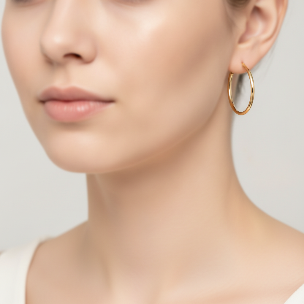 GER169. 14K Gold Hollow Hoop Earrings