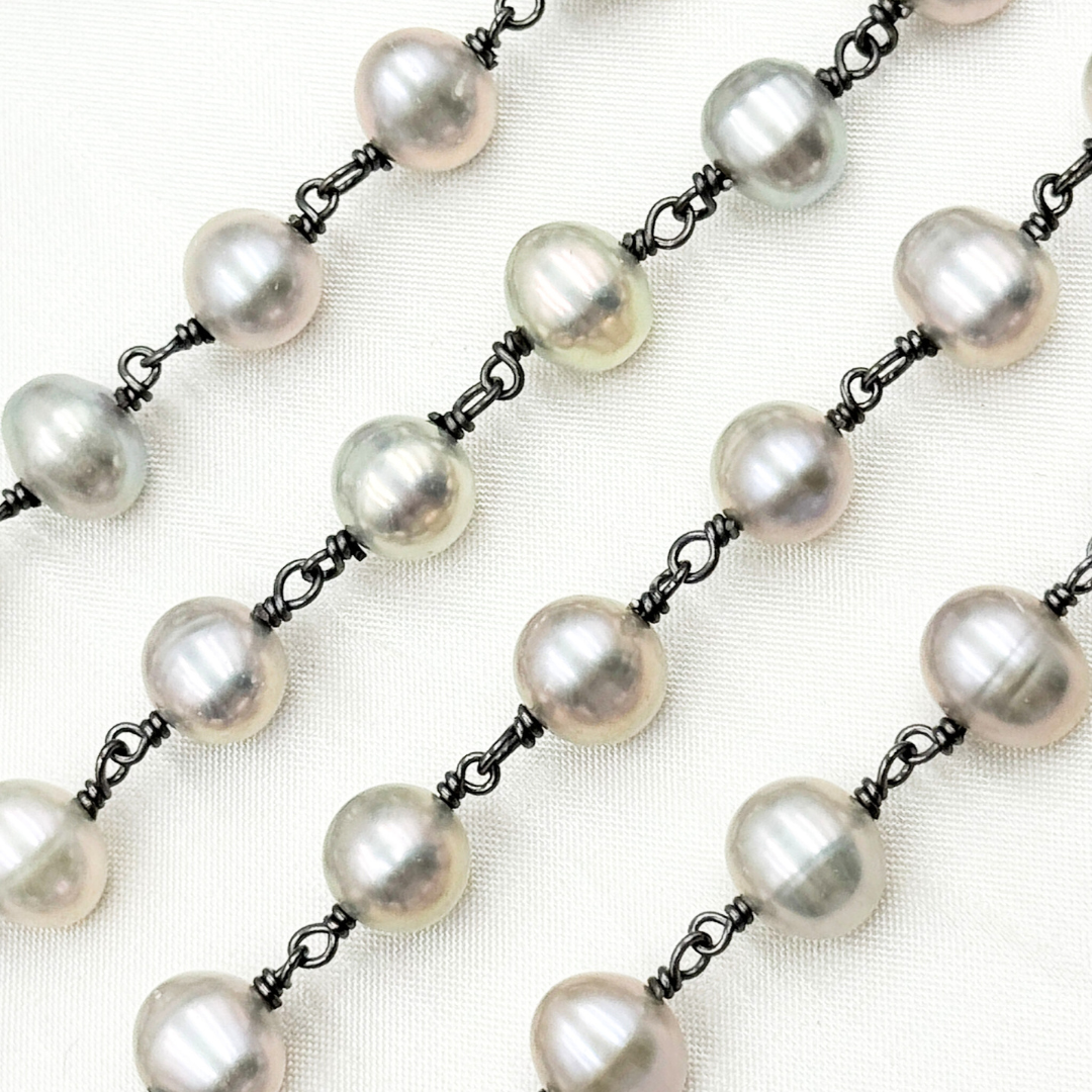 Grey Freshwater Pearl Oval Wire Wrap Chain. PRL17