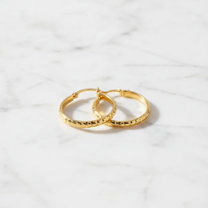 GER59. 14K Gold Diamond Cut Hollow Hoop Earrings