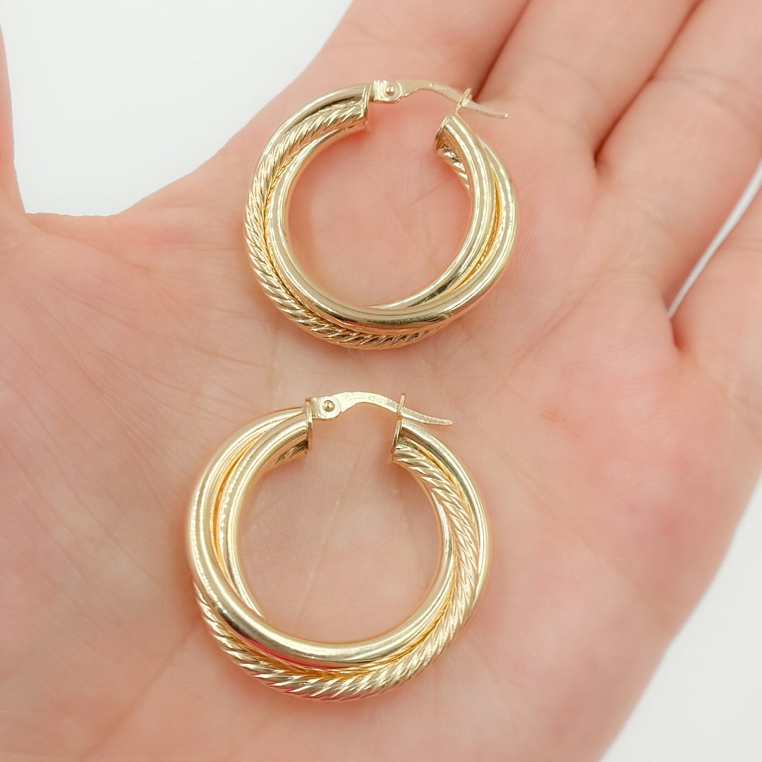 15850019628. 14K Solid Gold Fancy Twist Double Hollow Hoop Earrings