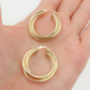 15850019628. 14K Solid Gold Fancy Twist Double Hollow Hoop Earrings