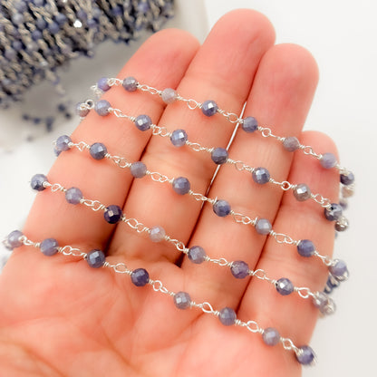 Coated Blue Quartz Sterling Silver Wire Wrap Chain