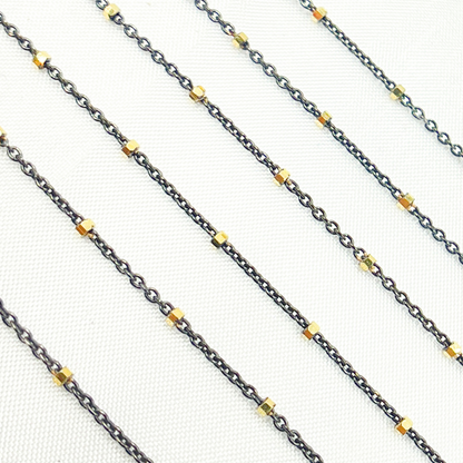 Oxidized 925 Sterling Silver Satellite Gold Plated Cube Chain