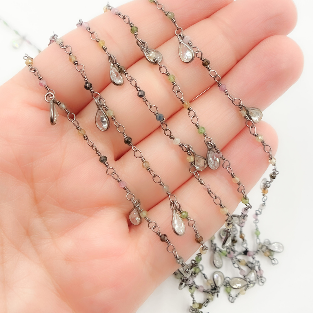 Multi Tourmaline & CZ Dangle Oxidized Wire Chain