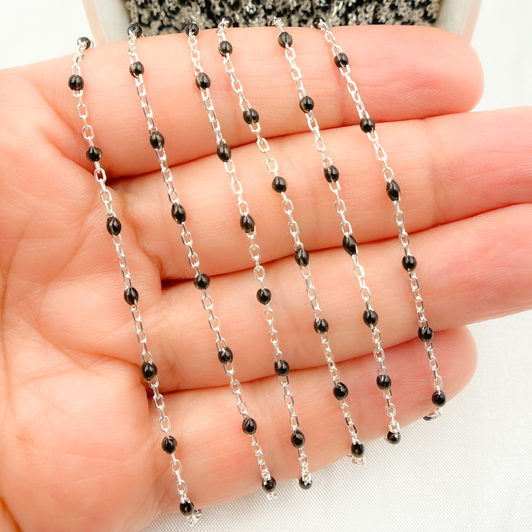 925 Sterling Silver Cable Chain with Black Color Enamel. V203BKSS