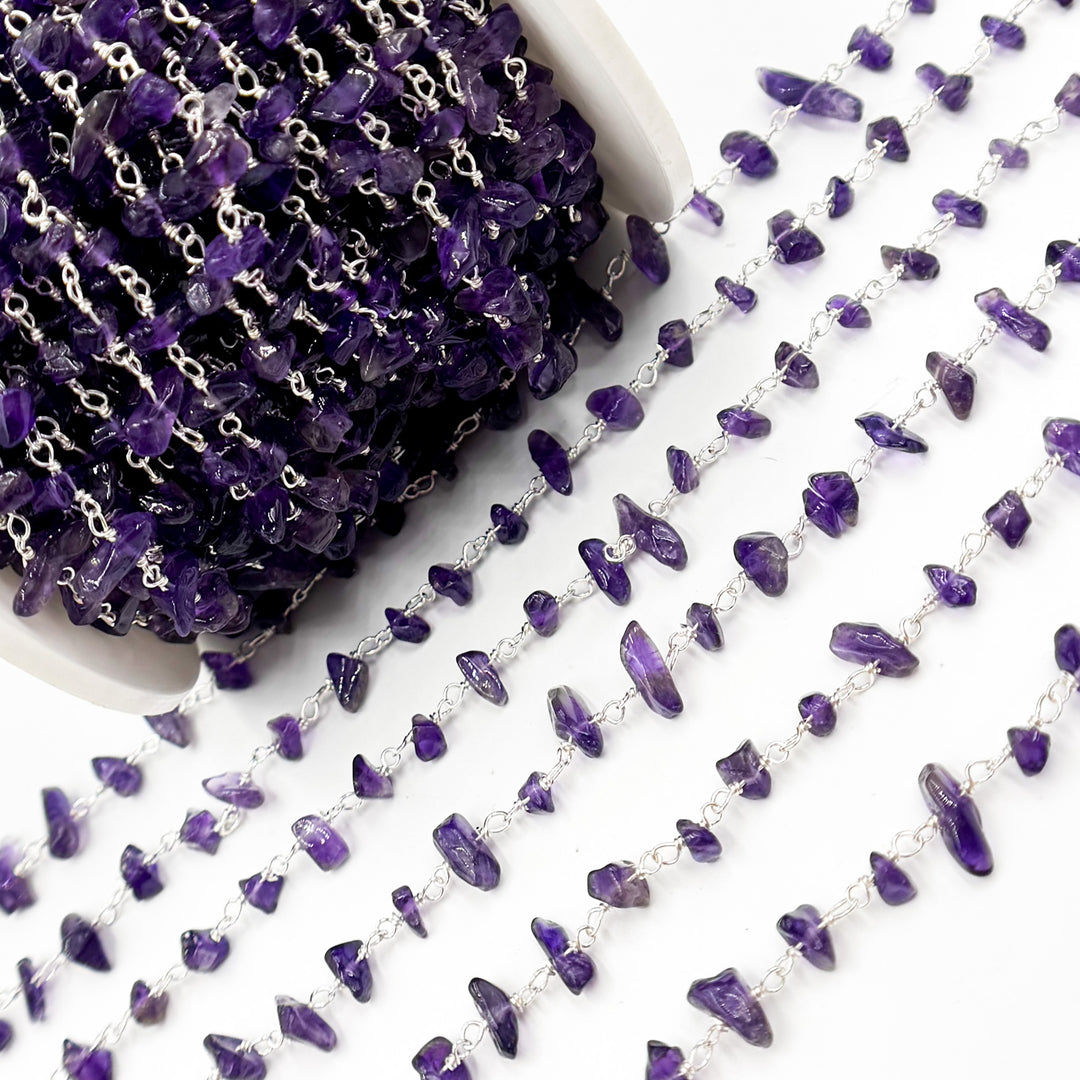 AME35. Amethyst Organic Shape Sterling Silver Wire Chain