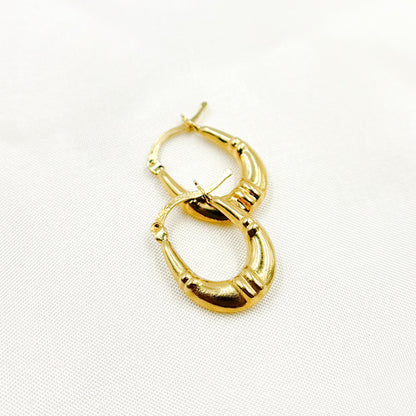 GER179. 14K Solid Gold Textured Hollow Hoops Earrings