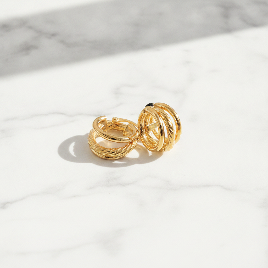 15850017973. 14K Solid Gold Smooth and Textured Triple Line Hollow Hoop Earrings