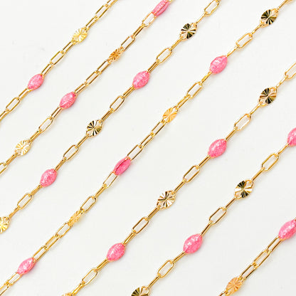 V295RSGF. 14K Gold Filled Rose Color Enamel with Paperclip and Diamond Cut Marina Links