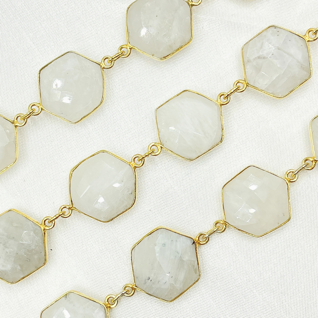 White Moonstone Hexagon Shape Bezel Gold Plated Wire Chain.