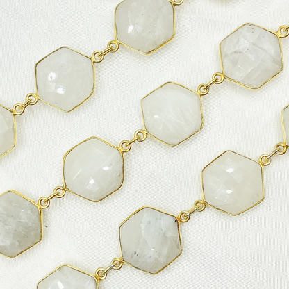 White Moonstone Hexagon Shape Bezel Gold Plated Wire Chain.